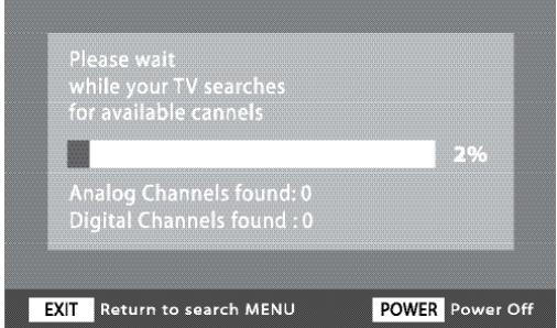 Please wait while your TV searches for available cannels 2% Analog Channels found: 0 Digital Channels found : 0 EXIT Return to search MENU POWER Power Off