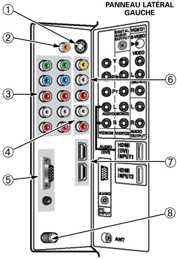 PANNEAU LATÉRAL GAUCHE ① ② ③ ④ ⑤ ⑥ ⑦ ⑧ AUT DIGITAL AUDIO OUTPUT VIDEO01 S-VIDEO VIDEO Y L Pr R L AUDIO(MONO) R R VIDEO3 VIDEO2 AUDIO OUTPUT AUDIO (DVI) HDMI (DVI) INPUT1 HDMI INPUT2 AUDIO INPUT