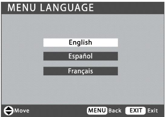 MENU LANGUAGE English Español Français Move MENU Back EXIT Exit