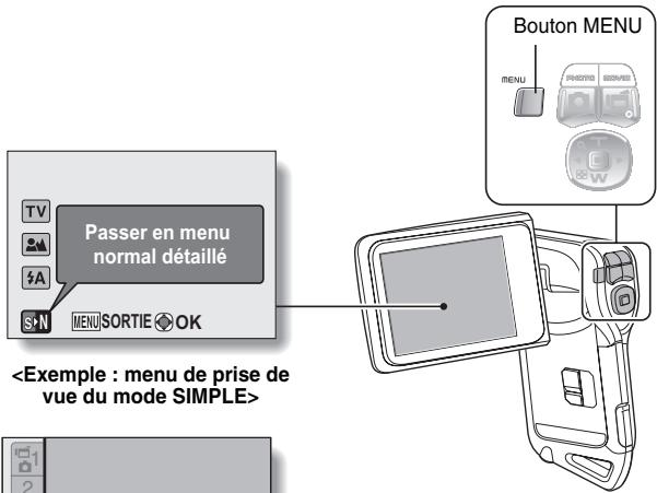 SANYO VPC-E2BL - Ouverture/fermeture de l'écran de menu du mode SIMPLE/NORMAL - 1