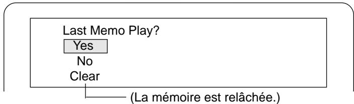 graph TD A["Last Memo Play?"] --> B{Yes} B --> C["No"] B --> D["Clear"] D --> E["(La mémoire est relâchée.)"]