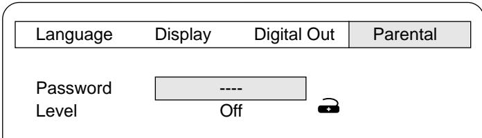 graph TD A["Language"] --> B["Password"] B --> C["Level"] D["Display"] --> E["----"] F["Digital Out"] --> G["Off"] H["Parental"] --> I["Image icon"]