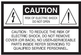 CAUTION RISK OF ELECTRIC SHOCK DO NOT OPEN CAUTION : TO REDUCE THE RISK OF ELECTRIC SHOCK, DO NOT REMOVE COVER (OR BACK). NO USER-SERVICEABLE PARTS INSIDE REFER SERVICING TO QUALIFIED SERVICE PERSONNEL.