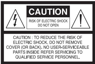 CAUTION RISK OF ELECTRIC SHOCK DO NOT OPEN CAUTION : TO REDUCE THE RISK OF ELECTRIC SHOCK, DO NOT REMOVE COVER (OR BACK). NO USER-SERVICEABLE PARTS INSIDE REFER SERVICING TO QUALIFIED SERVICE PERSONNEL.