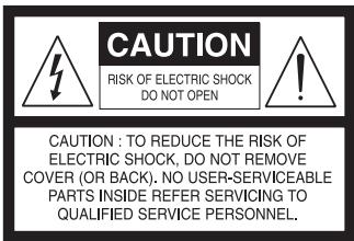 CAUTION RISK OF ELECTRIC SHOCK DO NOT OPEN CAUTION : TO REDUCE THE RISK OF ELECTRIC SHOCK, DO NOT REMOVE COVER (OR BACK). NO USER-SERVICEABLE PARTS INSIDE REFER SERVICING TO QUALIFIED SERVICE PERSONNEL.