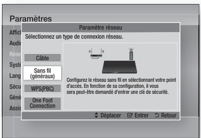 Paramètres Paramètre réseau Sélectionnez un type de connexion réseau. Câble Sans fil (généraux) WPS(PBC) One Foot Connection Configurez le réseau sans fil en sélectionnant votre point d'accès. En fonction de sa configuration, il vous sera peut-être demandé d'entrer une clé de sécurité. Déplacer Entrer Retour