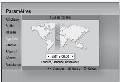 Paramètres Fuseau Horaire Affichage Audio Réseau Système Langue Sécurité Général Assistance GMT + 00:00 > Londres, Lisbone, Casablanca Changer Enreg Retour