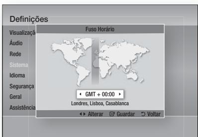 Definições Visualização Áudio Rede Sistema Idioma Segurança Geral Assistência Fuso Horário GMT + 00:00 Londres, Lisboa, Casablanca Alterar Guardar Voltar