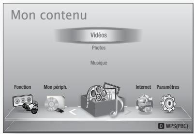 Mon contenu Vidéos Photos Musique Fonction Mon périph. Internet Paramètres D WPS(PBC)