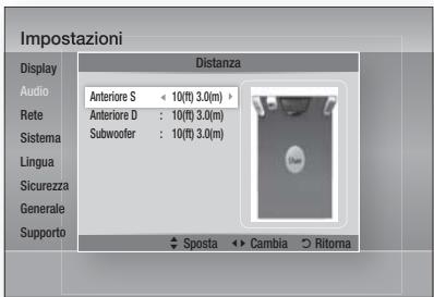 Impostazioni Display Distanza Audio Anteriore S ← 10(t) 3.0(m) > Rete Anteriore D : 10(t) 3.0(m) Sistema Subwoofer : 10(t) 3.0(m) Lingua Sicurezza Generale Supporto ◆ Sposta ◄ Cambia ○ Riforma
