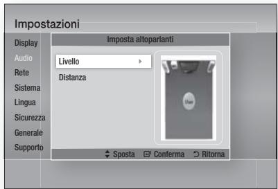 Impostazioni Display Audio Rete Sistema Lingua Sicurezza Generale Supporto Imposta altoparlanti Livello Distanza User Sposta Conferma Ritorna