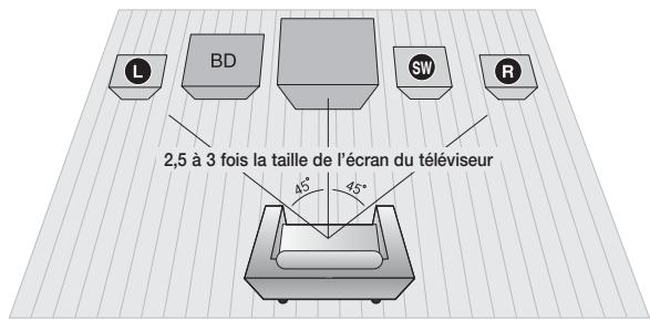 L BD SW R 2,5 à 3 fois la taille de l'écran du téléviseur 45° 45°