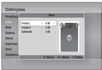 Definições Visualização Audio Rede Sistema Idioma Segurança Geral Assistência Nível Frontal L ← 0 dB Frontal R : 0 dB Subwoofer : 0 dB Mover ↔ Alterar ○ Voltar