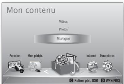 Mon contenu Viduos Photos Musique Fonction Mon périph. Internet Paramètres Retirer péri. USB WPS(PBC)