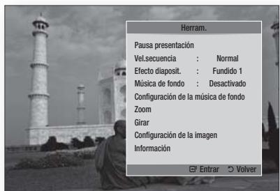 Herram. Pausa presentación Vel.sequencia : Normal Efecto diaposit. : Fundido 1 Música de fondo : Desactivado Configuración de la música de fondo Zoom Girar Configuración de la imagen Información Entrar Volver