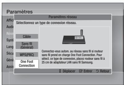 Paramètres Paramètres réseau Sélectionnez un type de connexion réseau. Câble Sans fil (Général) WPS(PBC) One Foot Connection Connectez-vous autom. au réseau sans fil si routeur sans fil prend en charge One Foot Connection. Pour sélect. ce type de connexion, placez routeur sans fil à 25 cm de adaptateur LAN sans fil Samsung. Déplacer Entrer Retour