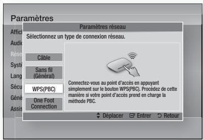 Paramètres Affici Audio Rése Syste Lang Sécur Géné Assis Paramètres réseau Sélectionnez un type de connexion réseau. Câble Sans fil (Général) WPS(PBC) One Foot Connection Connectez-vous au point d'accès en appuyant simplement sur le bouton WPS(PBC). Procédiz de cette manière si votre point d'accès prend en charge la méthode PBC. Déplacer Entrer Retour