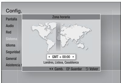 Config. Pantalla Audio Red Sistema Idioma Seguridad General Asistencia1 Zona horaria GMT + 00:00 Londres, Lisboa, Casablanca Camb. Guardar Volver
