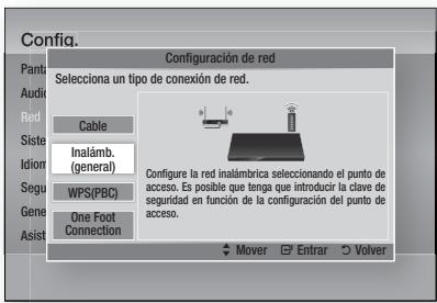 Config. Pant Audio Red Siste Idion Segu Gene Asist Configuración de red Selecciona un tipo de conexión de red. Cable Inalámbr. (general) WPS(PBC) One Foot Connection Configure la red inalámbrica seleccionando el punto de acceso. Es posible que tenga que introducir la clave de seguridad en función de la configuración del punto de acceso. Mover Entrar Volver