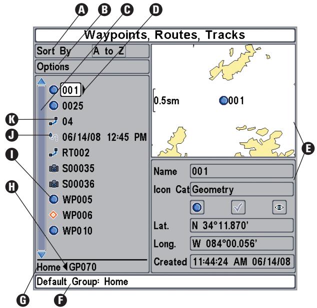 HUMMINBIRD 598CI HD SI COMBO - Éléments de la boîte de dialogue de la gestion des points de cheminement - 1