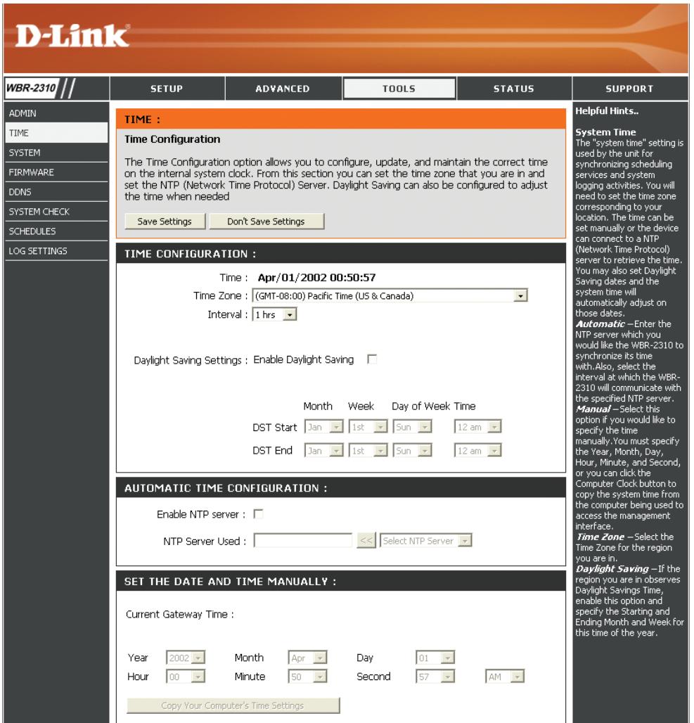 D-LINK WBR-2310 - Paramètres horaires - 1