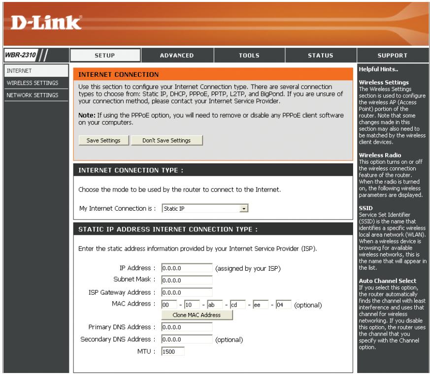 D-LINK WBR-2310 - Adresse statique (attribuée par le FAI) - 1