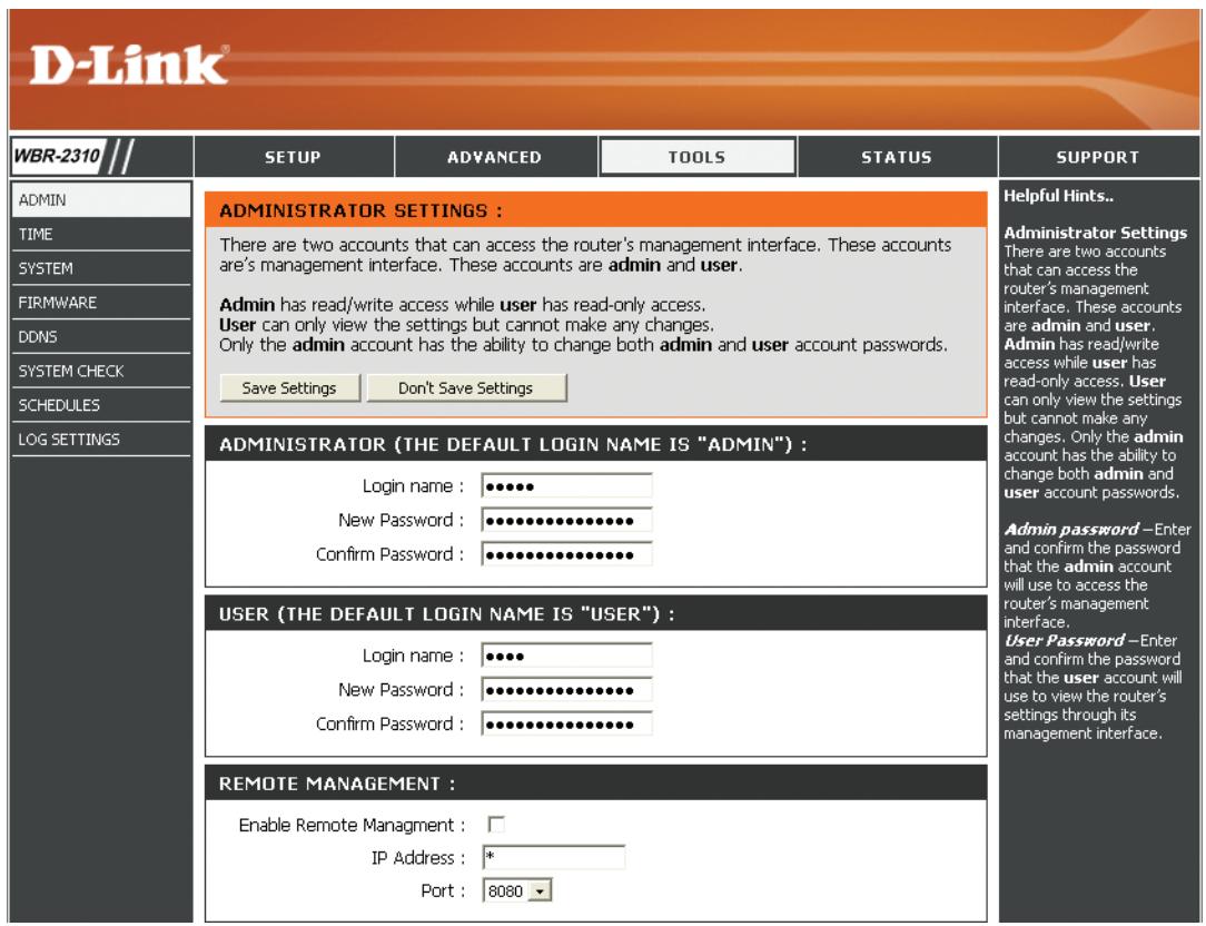 D-LINK WBR-2310 - Paramètres administrateur - 1
