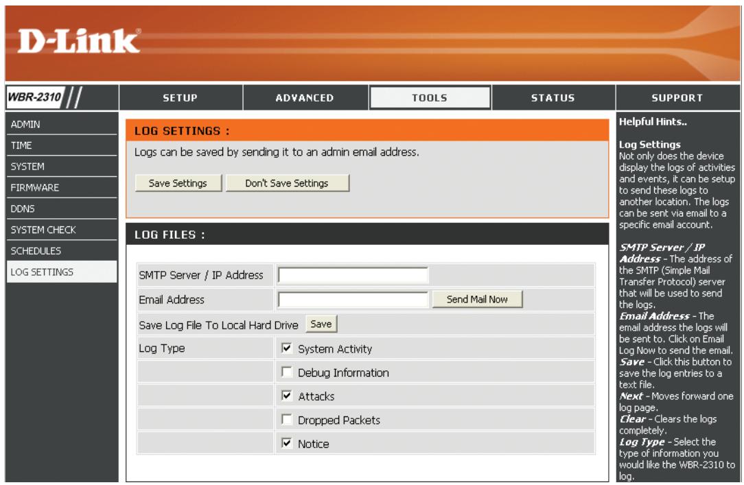 D-LINK WBR-2310 - Log Settings (Paramètres du journal) - 1