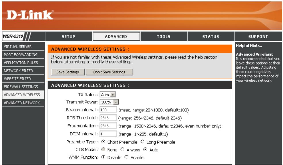 D-LINK WBR-2310 - Paramètres sans fil avances - 1