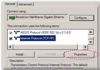 General | Advanced | Connect using: Broadcom NetXtreme Gigabit Ethene Configure... This connection uses the following items: AEGIS Protocol (IEEE 802.1x) v3.1.6.0 Internet Protocol (TCP/IP) Install... Uninstall Properties Description Transmission Control Protocol/Internet Protocol. The default wide area network protocol that provides communication.