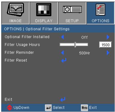 OPTIONS | Optional Filter Settings Optional Filter Installed Off Filter Usage Hours 1500 Filter Reminder 500Hr Filter Reset Exit UpDown Select Menu Exit