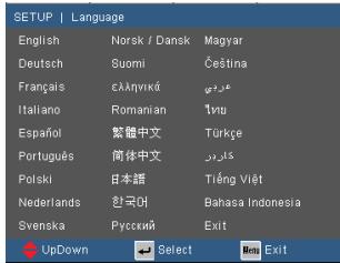 SETUP | Language English Norsk / Dansk Magyar Deutsch Suomi Čeština Français Câllyniki grɛ Italiano Romanian ɪŋɪy Español 繁體中文 Türkçe Português 简体中文 ˌkərəʊ Polski 日本語 Tiêng Viêt Nederlands 한국어 Bahasa Indonesia Svenska Rysckий Exit UpDown Select Mini Exit