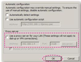 Automatic configuration Automatic configuration may override manual settings. To ensure the use of manual settings, disable automatic configuration. Automatically detect settings Use automatic configuration script Address: http://192.168.1-4@proxy.pac Proxy server Use a proxy server for your LAN (These settings will not apply to dial-up or SPU connections) Address: 192.168.1.4 Port: 3128 Advanced... Bypass proxy server for local addresses OK Cancel