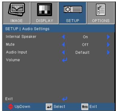 IMAGE DISPLAY SETUP OPTIONS SETUP | Audio Settings Internal Speaker On Mute Off Audio Input Default Volume Exit UpDown Select Meta Exit