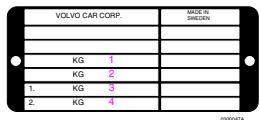 VOLVO V70 R - Poids indiqués sur la plaque d'identification dans le compartiment moteur - 1