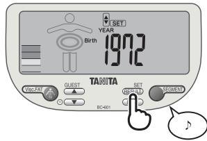 TANITA BC-601 - Stel uw verjaardag in (Jaar/Maand/Dag). - 2