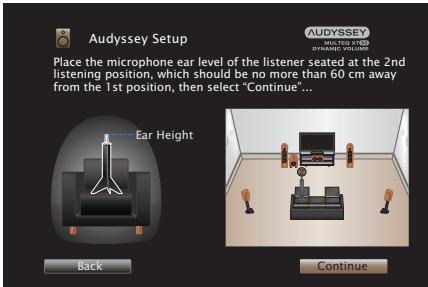 MARANTZ SR6011 - Move the Sound calibration microphone to position 2, select "Continue", then press ENTER. - 1