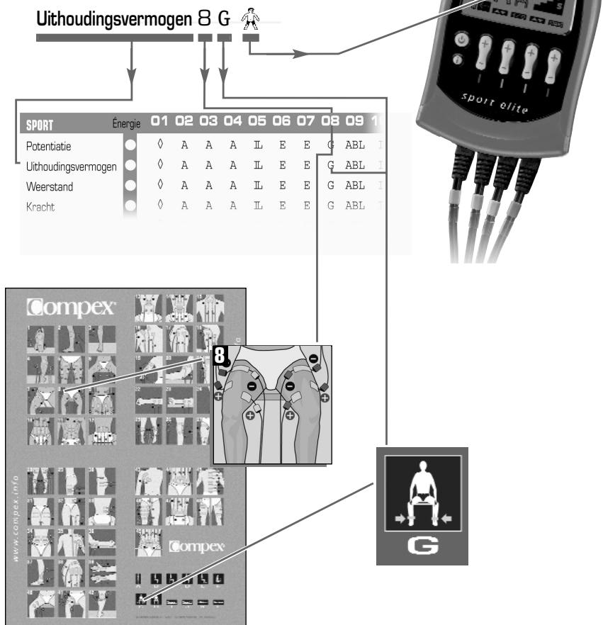 COMPEX SPORT ELITE - TABEL VOOR DE PLAATSING VAN DE ELEKTRODEN EN DE STIMULATIEPOSITIES - 1