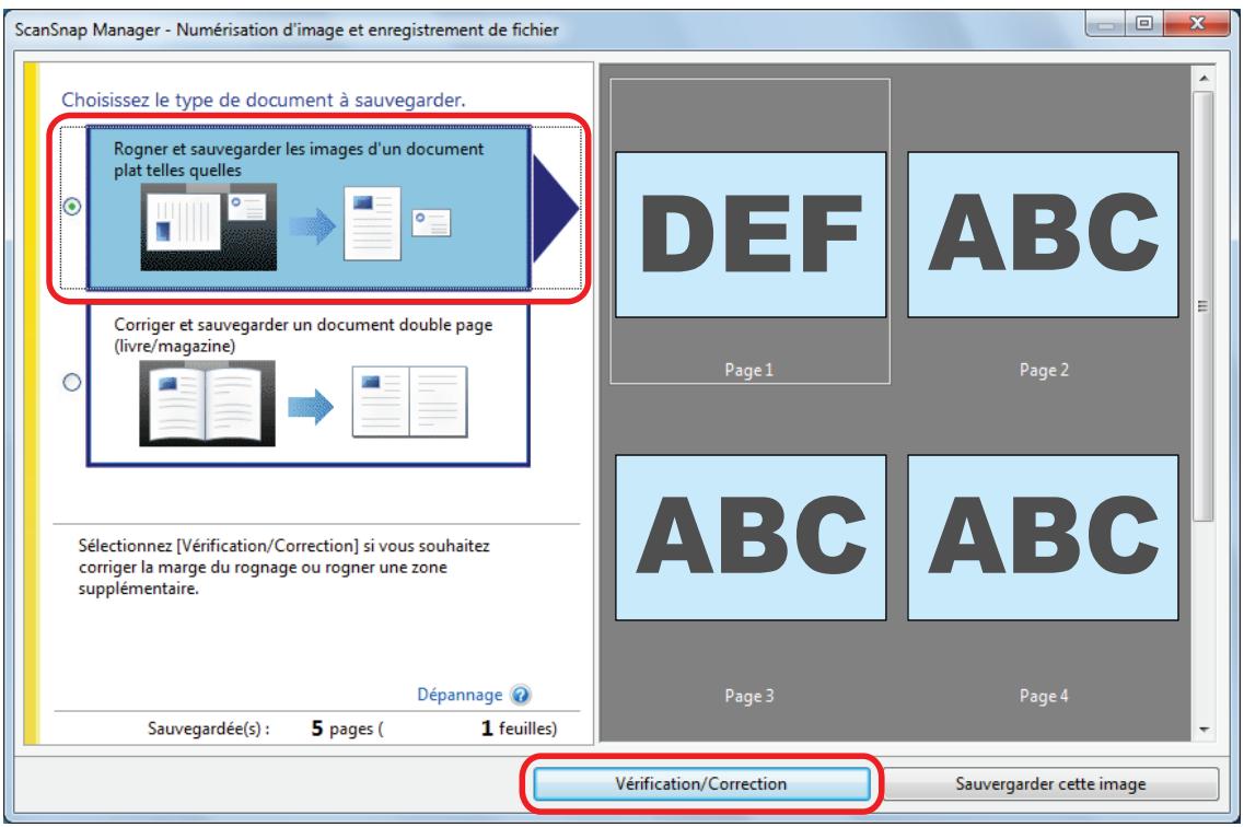 FUJITSU SCANSNAP SV600 - Après avoir numérisé plusieurs documents à la fois, sur la fenêtre qui s'affiche, sélectionnez rogner et sauvegarder les images d'un document plat tels quels et cliquez sur le bouton vérification/correction. - 1