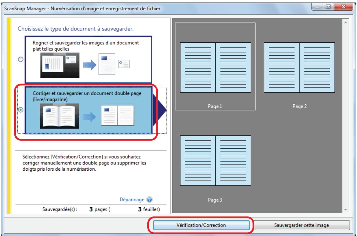 FUJITSU SCANSNAP SV600 - Dans la fenêtre qui s'affiche une fois la numérisation terminée, sélectionnez corriger et sauvegarder un document double page (libre/magazine) et cliquez sur le bouton vérification/correction. - 1