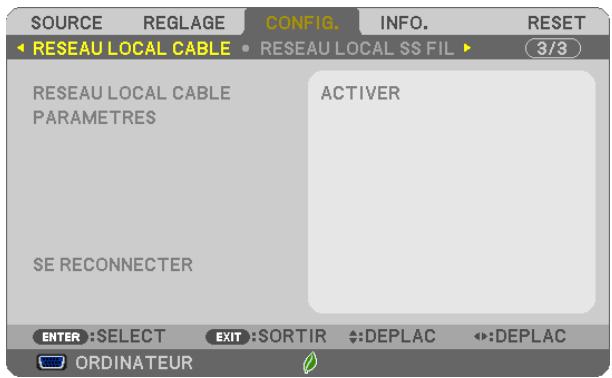 NEC UM301WI - Configuration du projecteur avec connexion par réseau local cable [RESEAU LOCAL CABLE] - 1