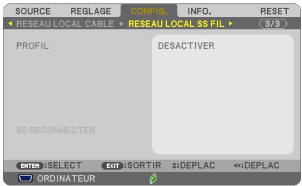 NEC UM301WI - Configuration du projecteur avec une connexion à un réseau local sans fil (avec dispositif réseau local sans fil USB en option installé) [RESEAU LOCAL SS FIL]. - 1