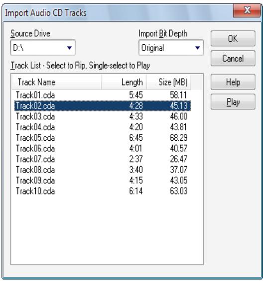 CAKEWALK SONAR X1 - Boîte de dialogue importer des pistes de CD audio - 1