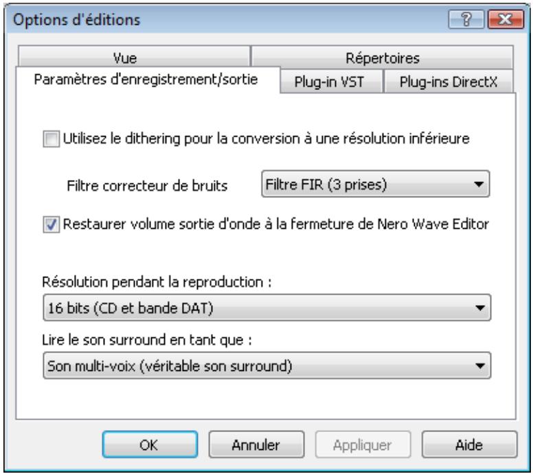 NERO WAVE EDITOR MULTIMEDIA SUITE 10 - Onglet paramètres d'enregistrement-sortie - 1