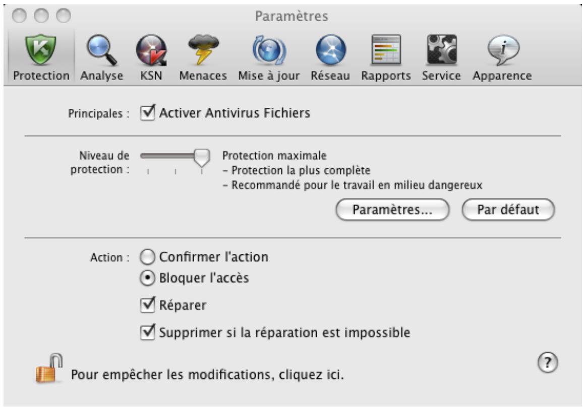 KASPERSKY ANTI-VIRUS FOR MAC - FENÊTRDE CONFIGURATION DE L'APPLICATION - 2