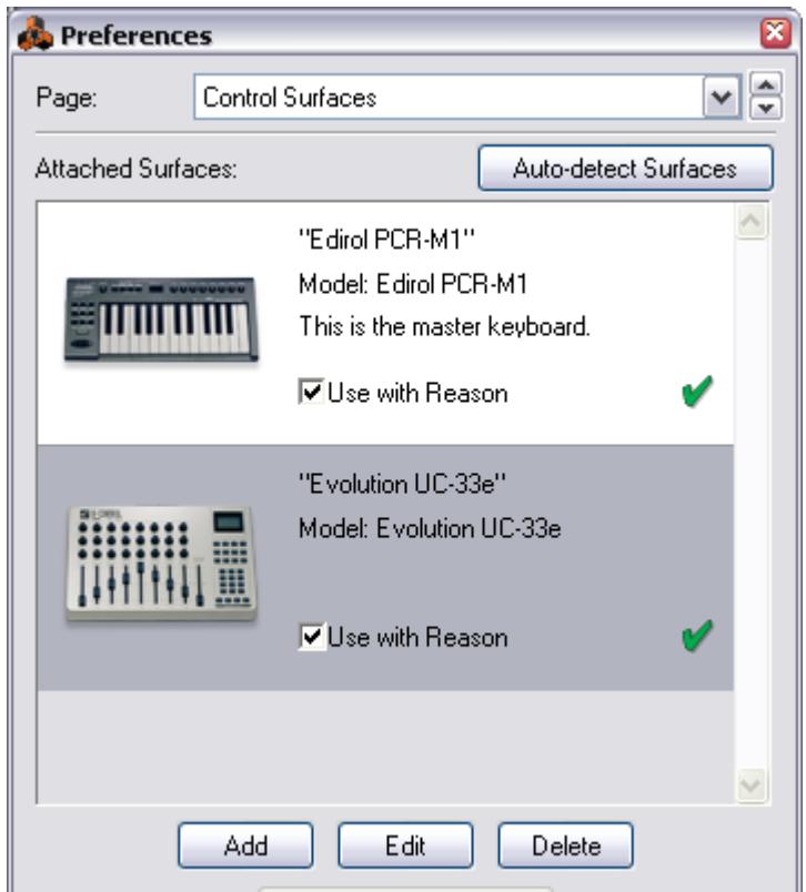 PROPELLERHEAD REASON 3.0 - Préférences - Control Surfaces and Keyboards - 1