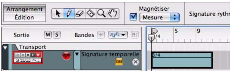 PROPELLERHEAD RECORD 1.5 - Dessinez un clip sur la zone de la bande de signature rythmique dans la piste de transport où vous souhaitez modifier la signature rythmique. - 1