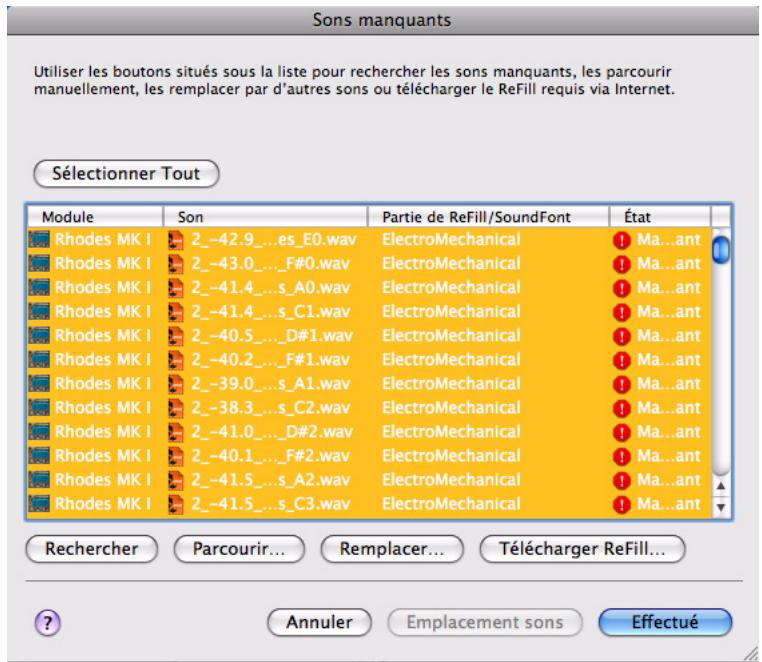 PROPELLERHEAD RECORD 1.5 - La boîte de dialogue Sons manquants - 1