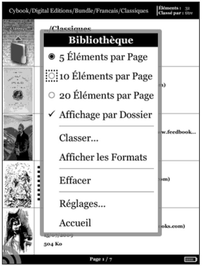 BOOKEEN CYBOOK ORIZON - Le menu contextuel de la bibliothèque - 1