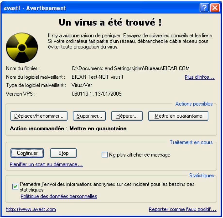 AVAST ANTIVIRUS EDITION FAMILIALE 4.8 - Que faire lorsqu'un virus est trouvé - 1